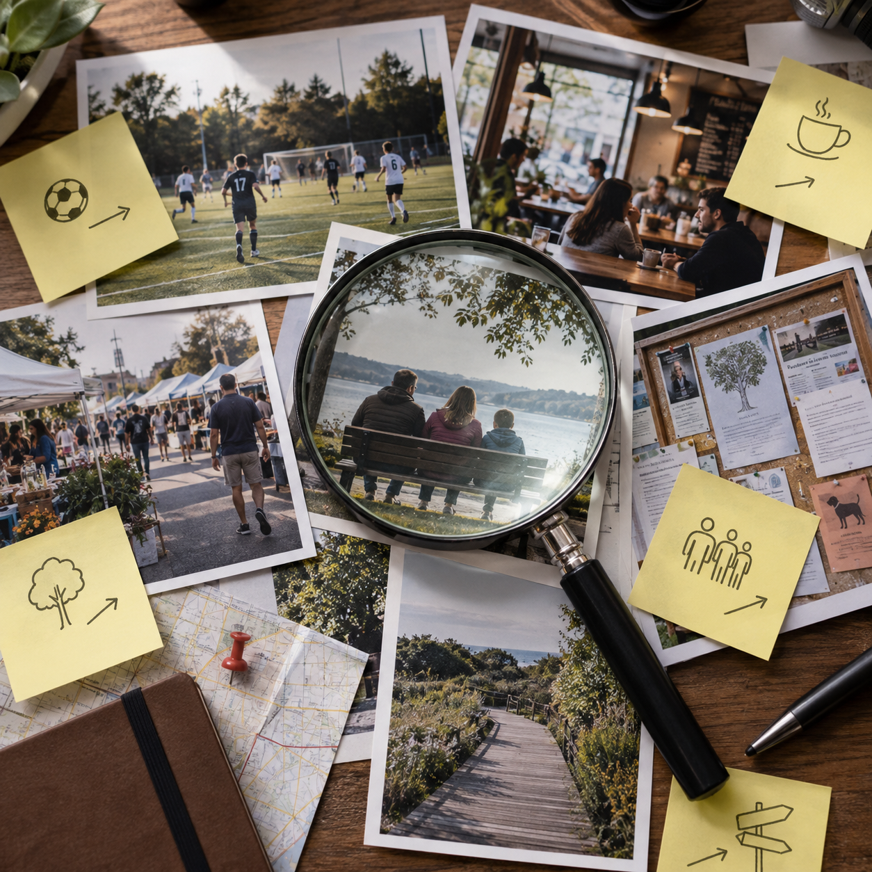 A collage of everyday photographs with a magnifying glass and yellow sticky notes